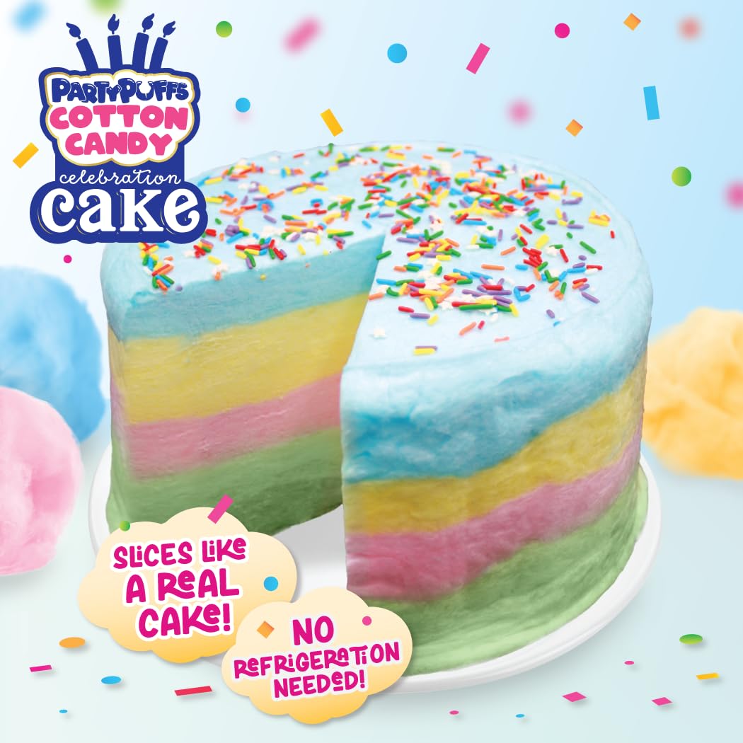 PartyPuffs Jumbo Cotton Candy Cake 13oz - Slices Like Real Cake - Strawberry Apple Blue Raspberry Lemon - Crunchy Candy Topping - Ready to Serve