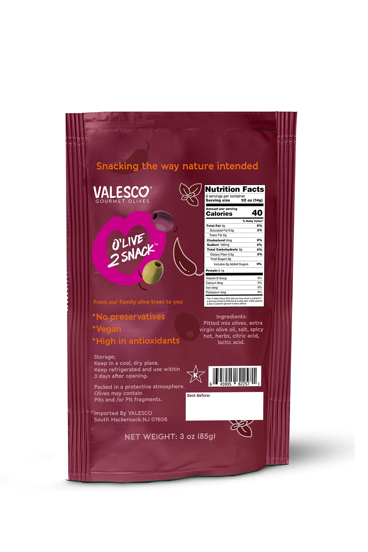 Valesco Gourmet Olives, O'Live 2 Snack, Pitted Hot Spicy Mix Olives with Chili Pepper & Herbs, 3 oz (Pack of 4)