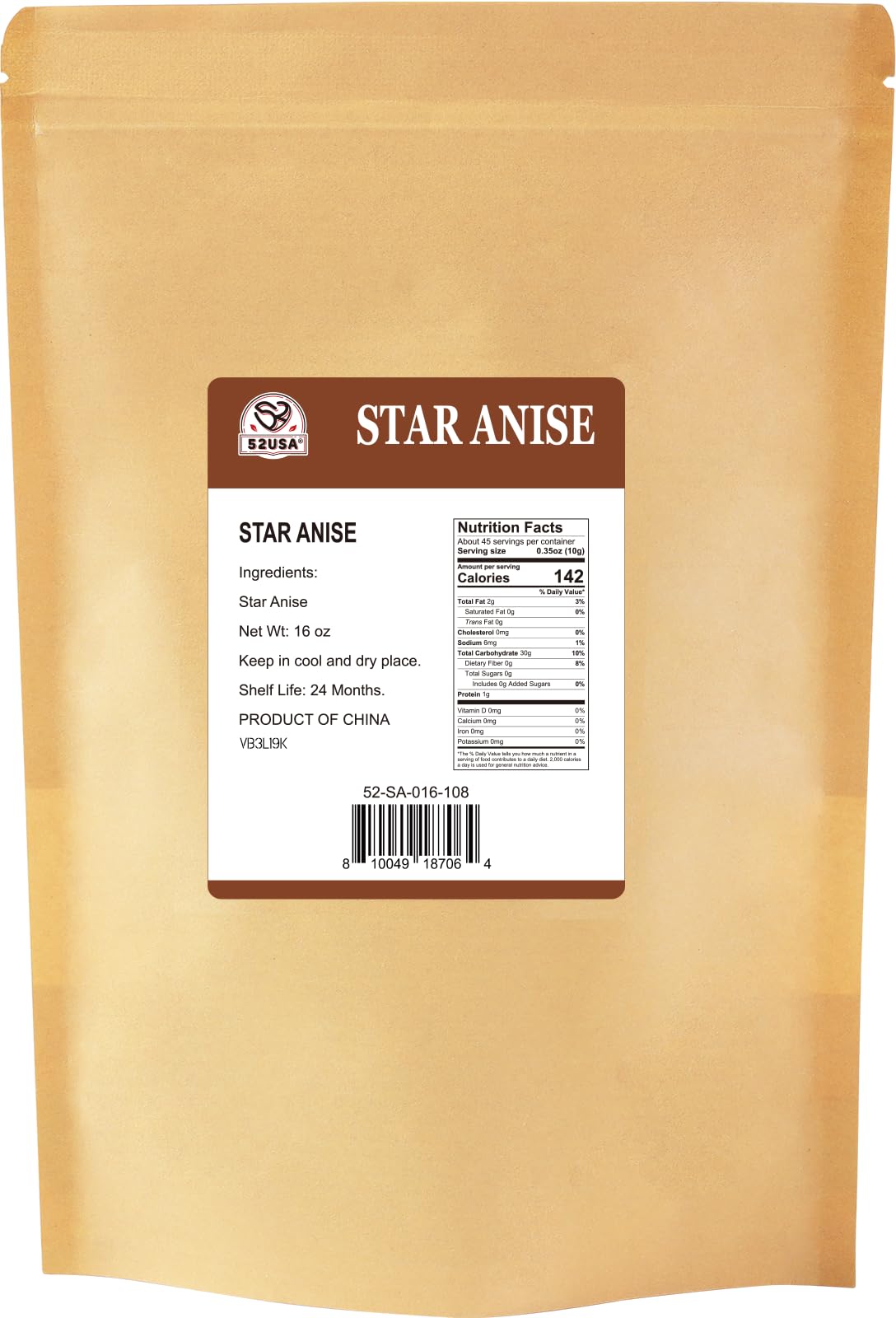 52USA Star Anise, 16 Ounce (Pack of 1), NON-GMO Verified Chinese Star Anise Whole, Dried Star Anise Pods for Tea and baking
