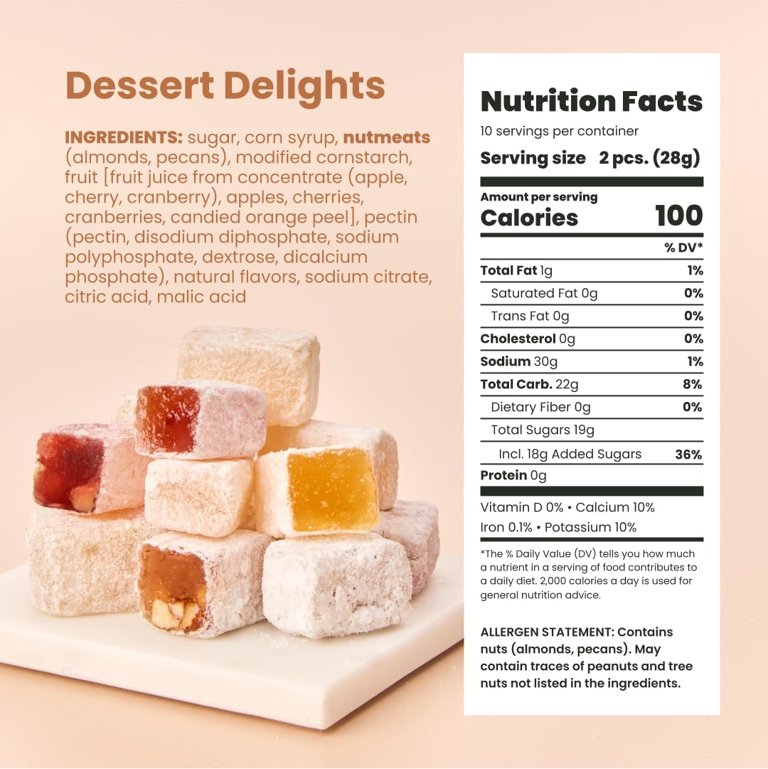 Liberty Orchards, Dessert Delights - Fruit and Nut Candies - Turkish Delights Lokum Candy - Natural, Vegan, Gluten-Free - 10 Oz.