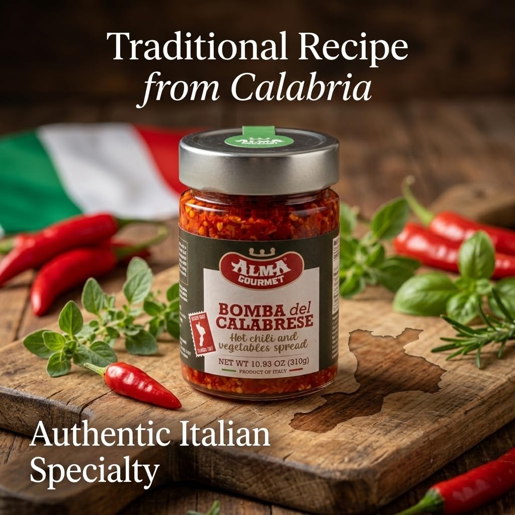 Alma Gourmet Bomba Calabrese Hot Chili & Mixed Vegetable Spread - Calabrian Chili Peppers in Oil, Authentic Italian Spicy Sauce, Product of Italy