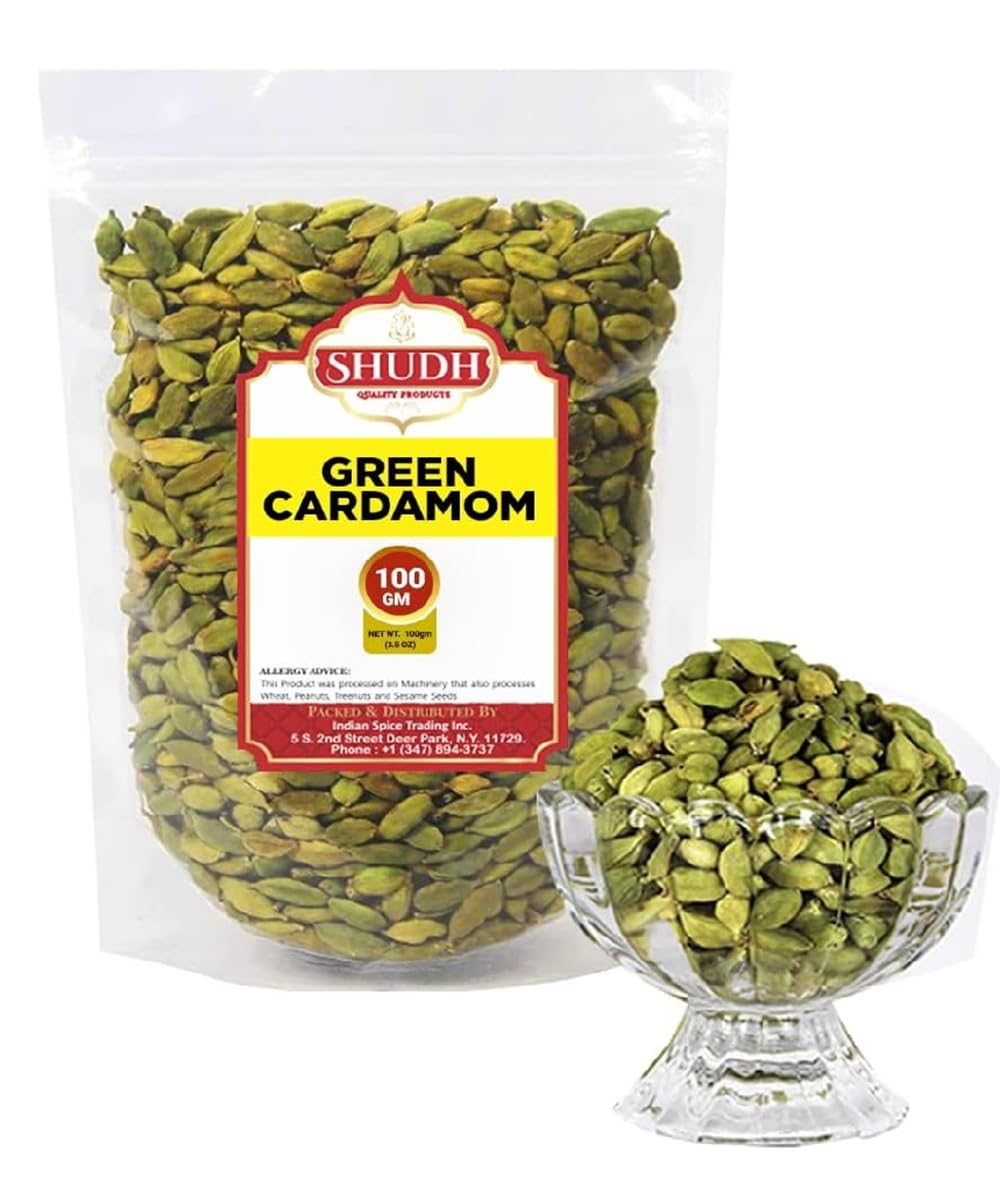 SHUDH GREEN CARDAMOM 100GM | 3.5 oz Green Cardamom Pods Spice (Hari Elachi) ~ All Natural | Vegan | Gluten Friendly | NON-GMO | Product of India