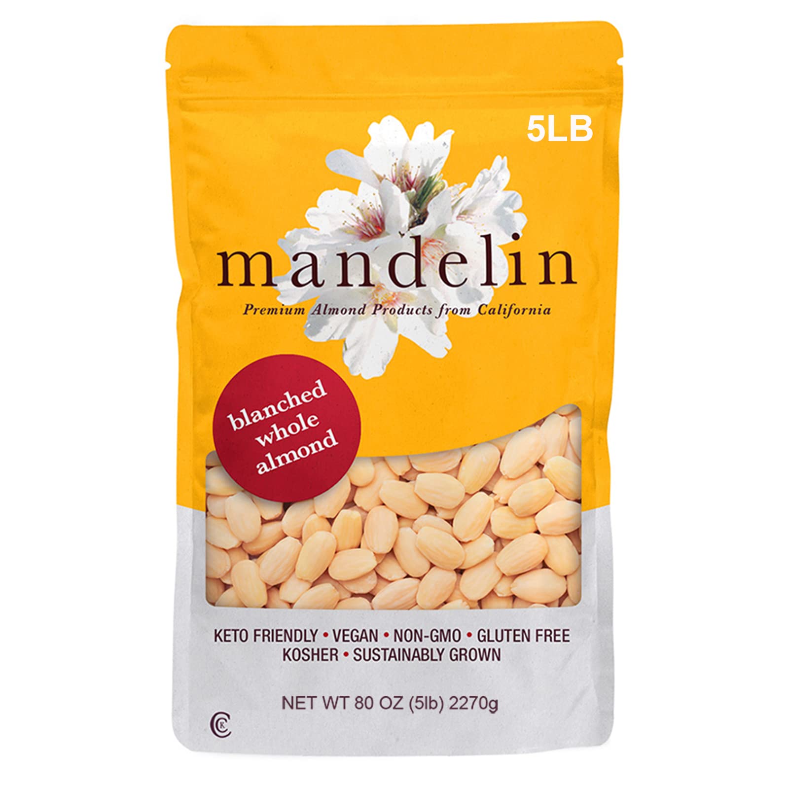 Mandelin Blanched Whole Almonds, 100% Almonds (5 lb / 80oz), Non-GMO, Gluten Free, Vegan, Keto, Plant Based Diet Friendly, Kosher for Passover, Every