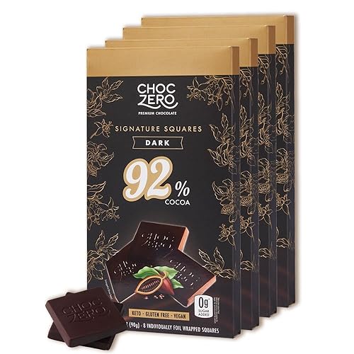ChocZero 92% Cocoa Ultimate Dark Chocolate Squares - Sugar Free, Vegan, Keto Friendly & High Fiber, No Sugar Alcohols - 4 Count (3.2 oz Boxes)