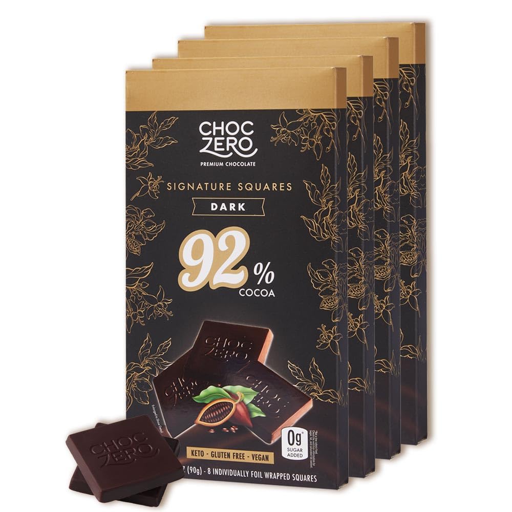 ChocZero 92% Cocoa Ultimate Dark Chocolate Squares - Sugar Free, Vegan, Keto Friendly & High Fiber, No Sugar Alcohols - 4 Count (3.2 oz Boxes)