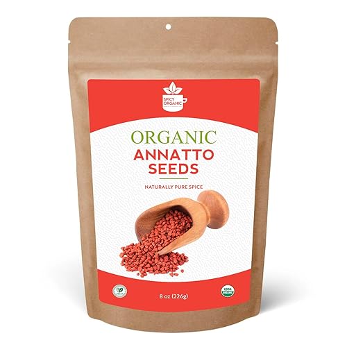 SPICY ORGANIC Annatto Seeds Whole 8 Oz. - USDA Certified Organic - All-Natural Achiote Seeds Spice and Seasoning for Rice, Cheese, Sauces, Achiote