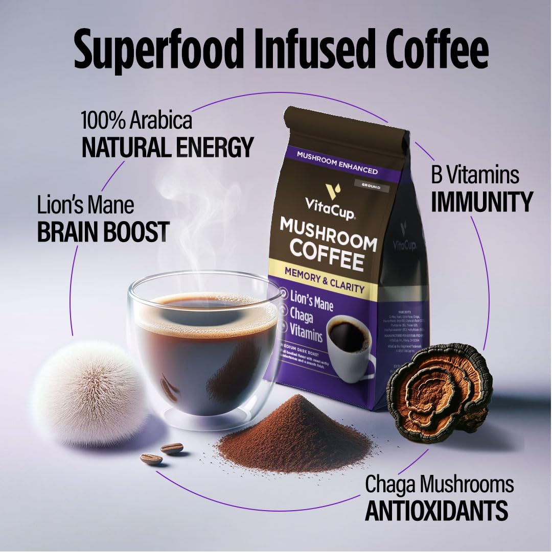 VitaCup Mushroom Coffee Grounds, with Lions Mane, Chaga, B Vitamins, D3, Boost Focus, Immunity, Memory & Clarity, Medium Dark Roast, 100% Arabica
