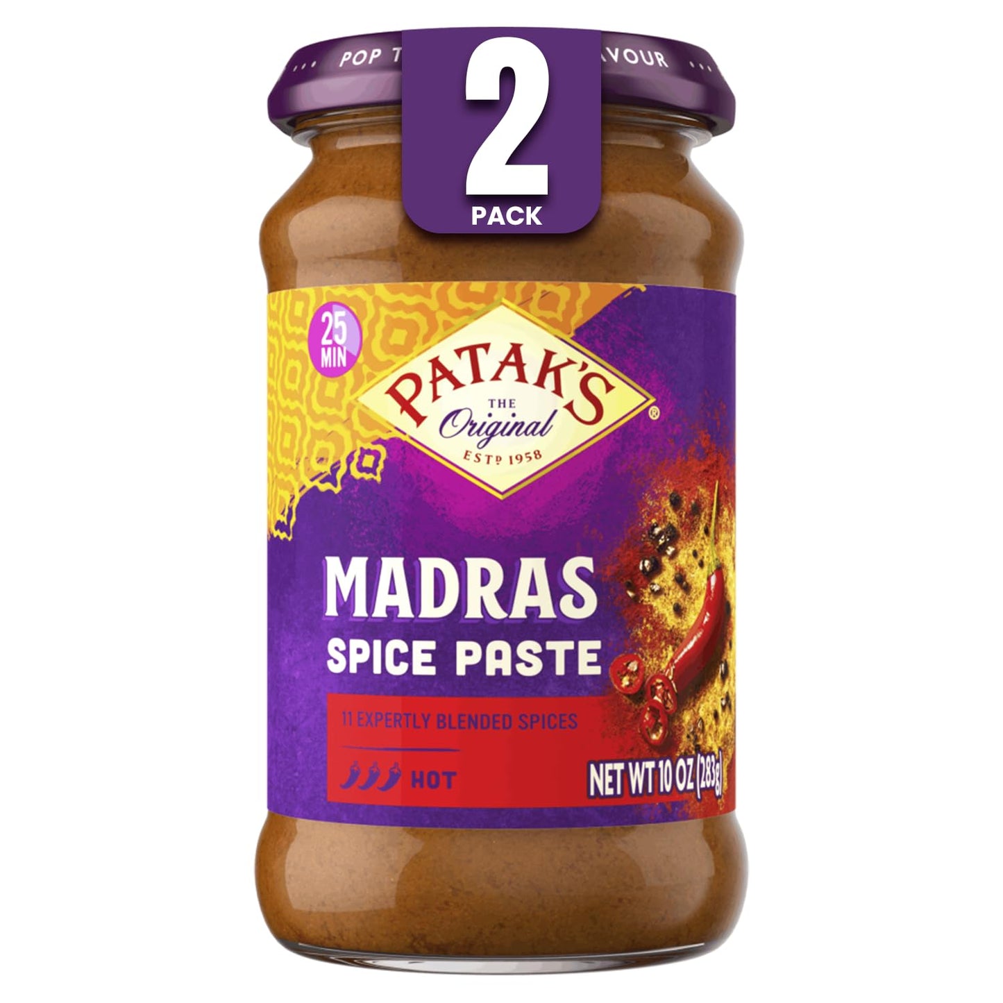 Patak's Madras Spice Paste, Hot Indian Curry with 11 Expertly Blended Spices, No Artificial Colors, Gluten-Free & Vegan, Bold Base for Home Cooking