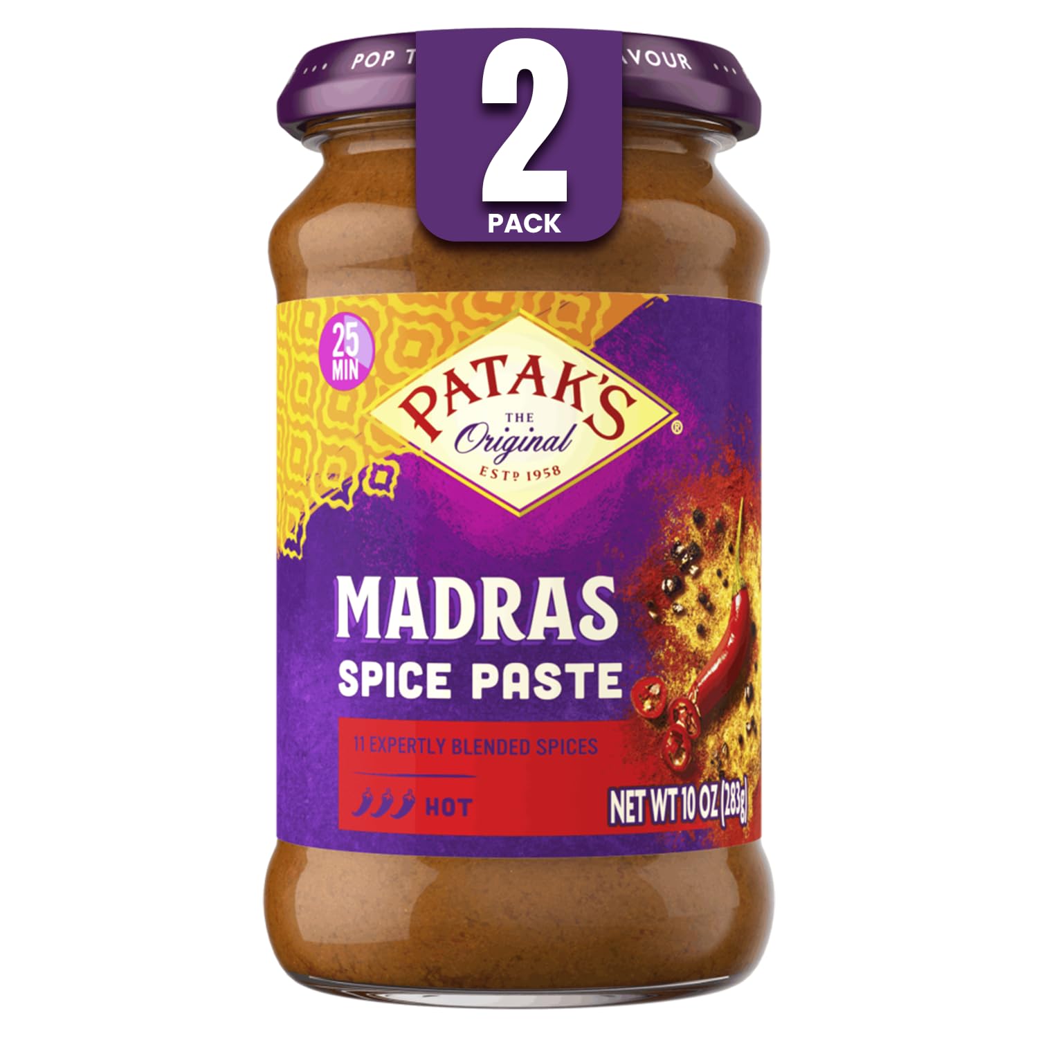 Patak's Madras Spice Paste, Hot Indian Curry with 11 Expertly Blended Spices, No Artificial Colors, Gluten-Free & Vegan, Bold Base for Home Cooking