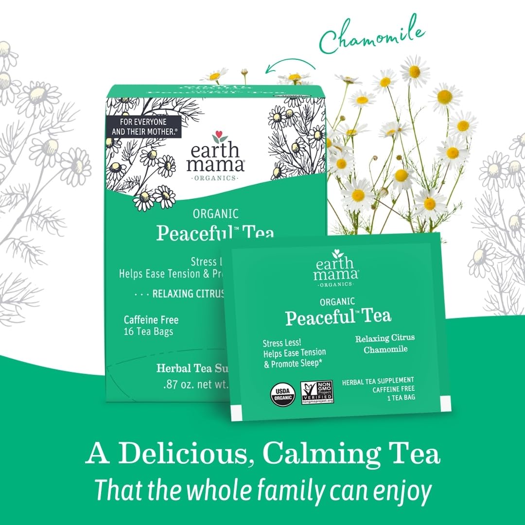 Earth Mama Organic Peaceful™ Tea | Stress Less! Calming, Relaxing Herbal Blend Safe for Pregnancy & Beyond, 16 Teabags Per Box