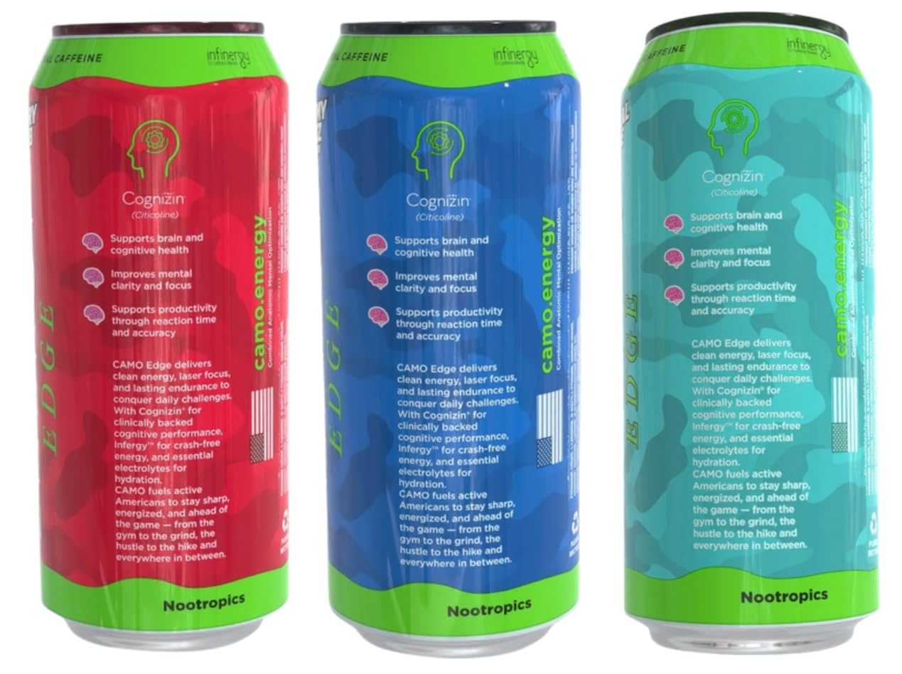 CAMO Energy Edge Variety Pack Energy Drink, Cherry Bomb, Tropical Surge, Gummy Razz (4 each)16oz Cans, 12 Pack, Ultra Premium Caffeine Blend