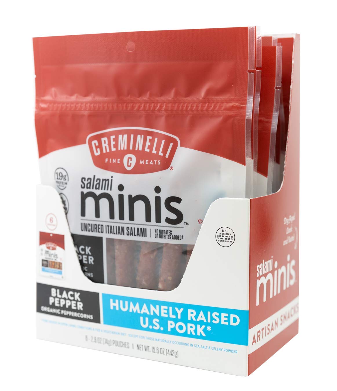 Creminelli Black Pepper Salami Minis, (6 count, 2.6oz), Humanely Raised Pork*, No Added Nitrates or Nitrites, No Artificial Ingredients, Gluten Free