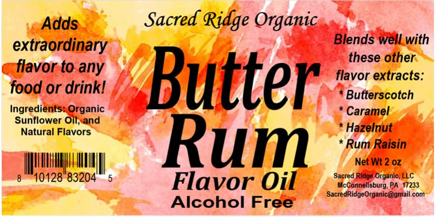 Butter Rum Flavor Extract Organic 2 oz - Water Soluble, Sugar Free Flavor Drops for Coffee, Baking, Candy, Ice Cream, Drinks, Natural Food Grade