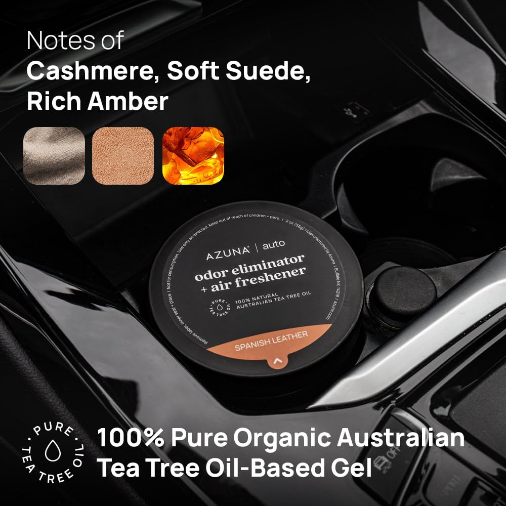 Azuna Car Air Freshener & Auto Odor Eliminator Pods Trio | Spanish Leather | Plant Powered by 100% Australian Tea Tree Oil | Long Lasting and No harsh
