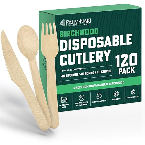 PALM NAKI Birchwood Cutlery (40 Count) - Disposable Dinnerware, Eco-Friendly, Compostable and Biodegradable Cutlery (Cutlery Set, 120 Pack)