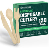 PALM NAKI Birchwood Cutlery (40 Count) - Disposable Dinnerware, Eco-Friendly, Compostable and Biodegradable Cutlery (Cutlery Set, 120 Pack)
