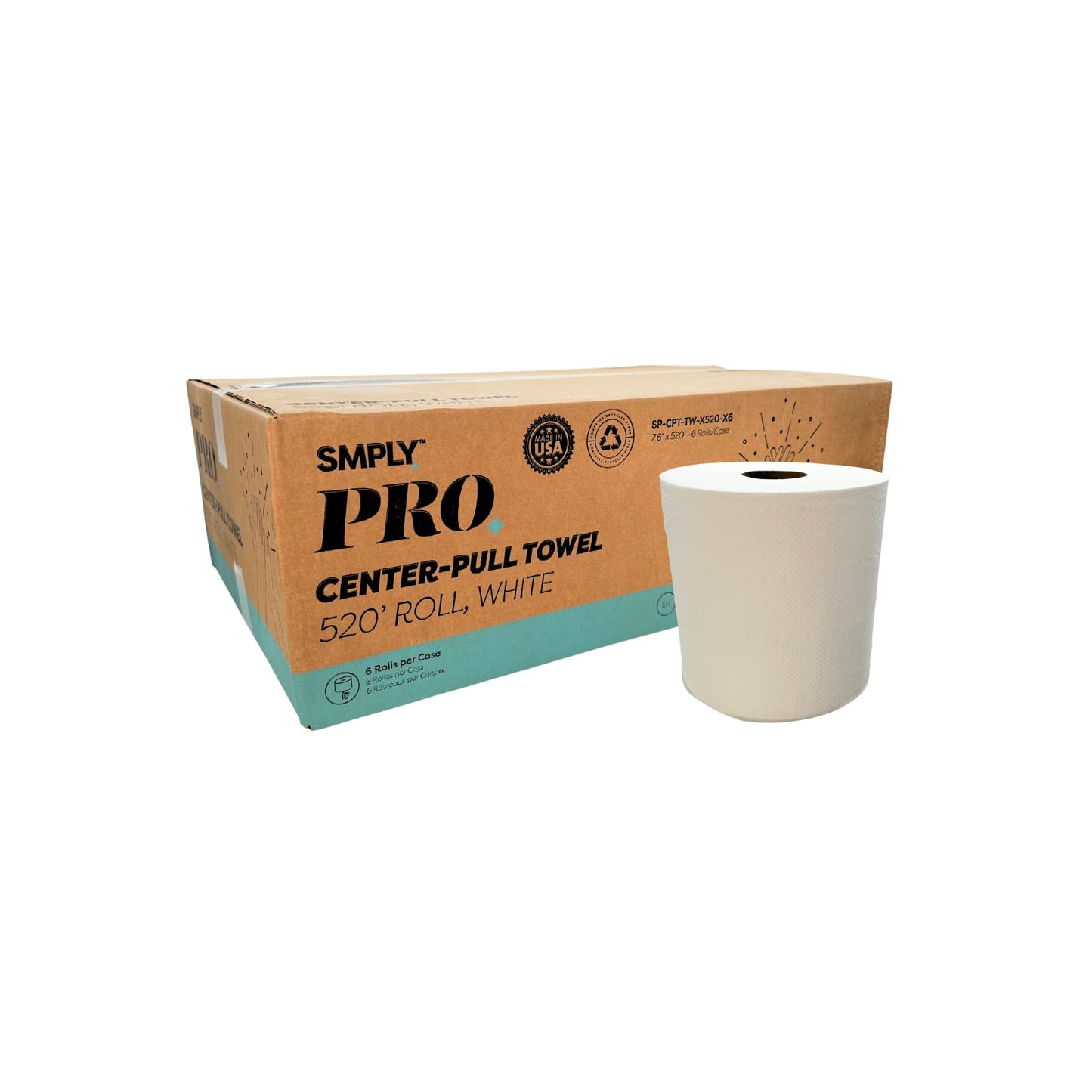 SMPLY PRO Center-Pull Towels, 6-Roll Case, 520’ Roll, 2-Ply White Disposable, Fits Universal Center-Pull Dispensers, Bulk Commercial Paper Towels