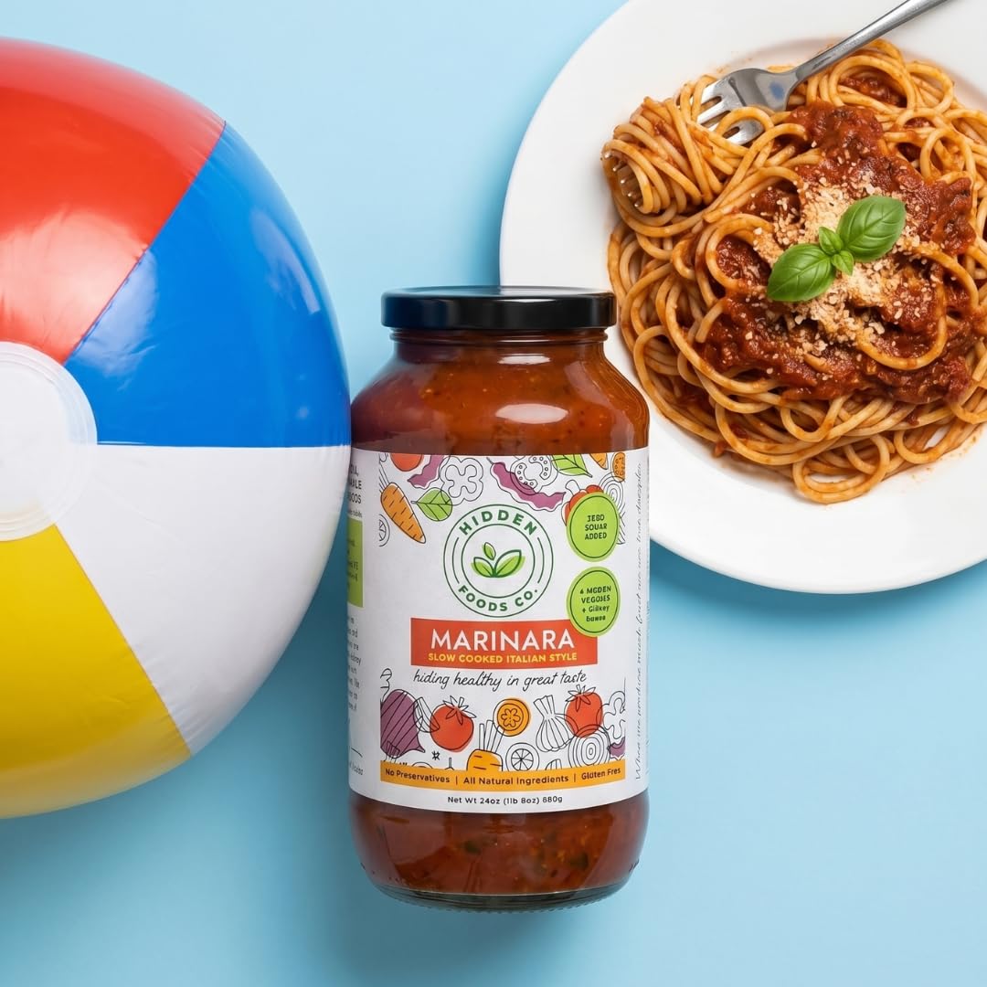 Hidden Foods Slow Cooked Marinara Sauce with Natural Vegetables, 24 oz. Jar, Low Carb and Low Sodium, No Sugar Added, Thick and Delicious Flavor