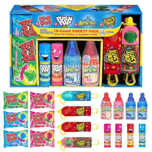 Candy Variety Pack, 18 Count Assorted Lollipops, Bulk Individually Wrapped Ring Pop, Push Pop, Baby Bottle Pop & Juicy Drop, Ideal for Birthdays