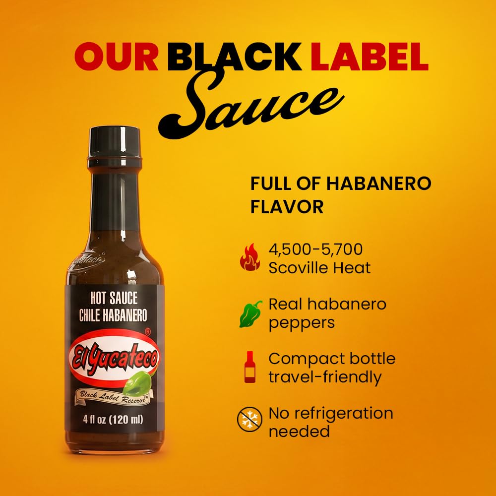 El Yucateco Black Label Reserve Habanero Hot Sauce, Smoky Chile Habanero Flavor, 4 oz Bottles (Pack of 3)