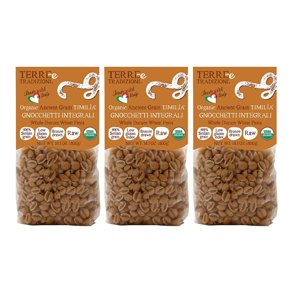 3 Packs Organic Italian Whole DURUM Wheat GNOCHETTI Pasta - Sicilian Ancient Grain Timilia Vegan Pasta Crafted in Italy. Low-Gluten Index. Has 6X More
