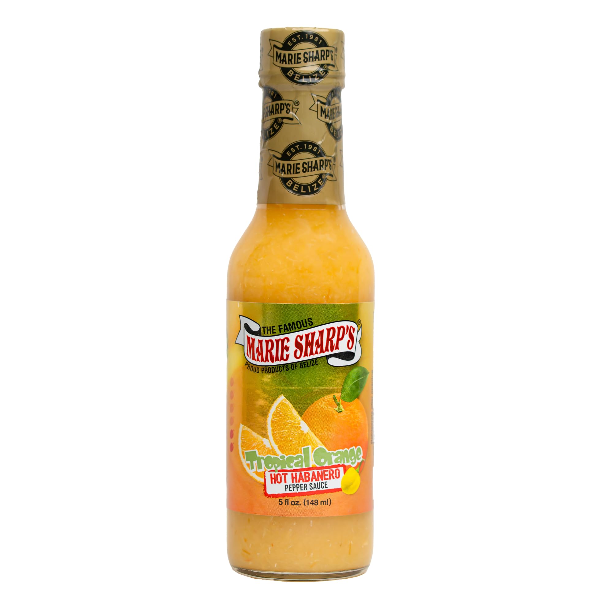 Marie Sharp’s Tropical Orange Habanero Pepper Sauce, 5 oz - Citrusy Belizean Hot Sauce with Fresh Orange & Habanero - All-Natural, Gluten-Free