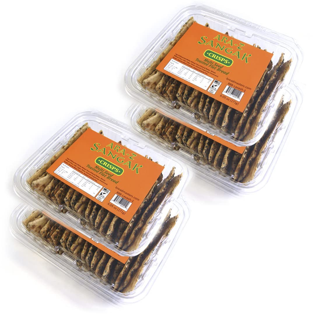 ARA-Z SANGAK Multi Seed Crisps - Crunchy Flatbread Crackers With Sesame, Poppy, Caraway, and Flaxseed, 4-Pack, 18 Crackers Per Pack, by Breadmasters