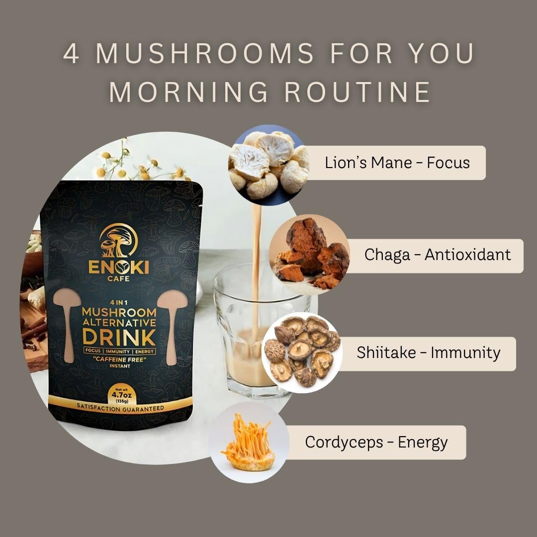 Enoki 4in1 Mushroom Alternative Drinks | Caffeine Free | Mushroom Coffee | A unique blend of Shiitake, Cordyceps, Chaga, and Lion's Mane Mushrooms.