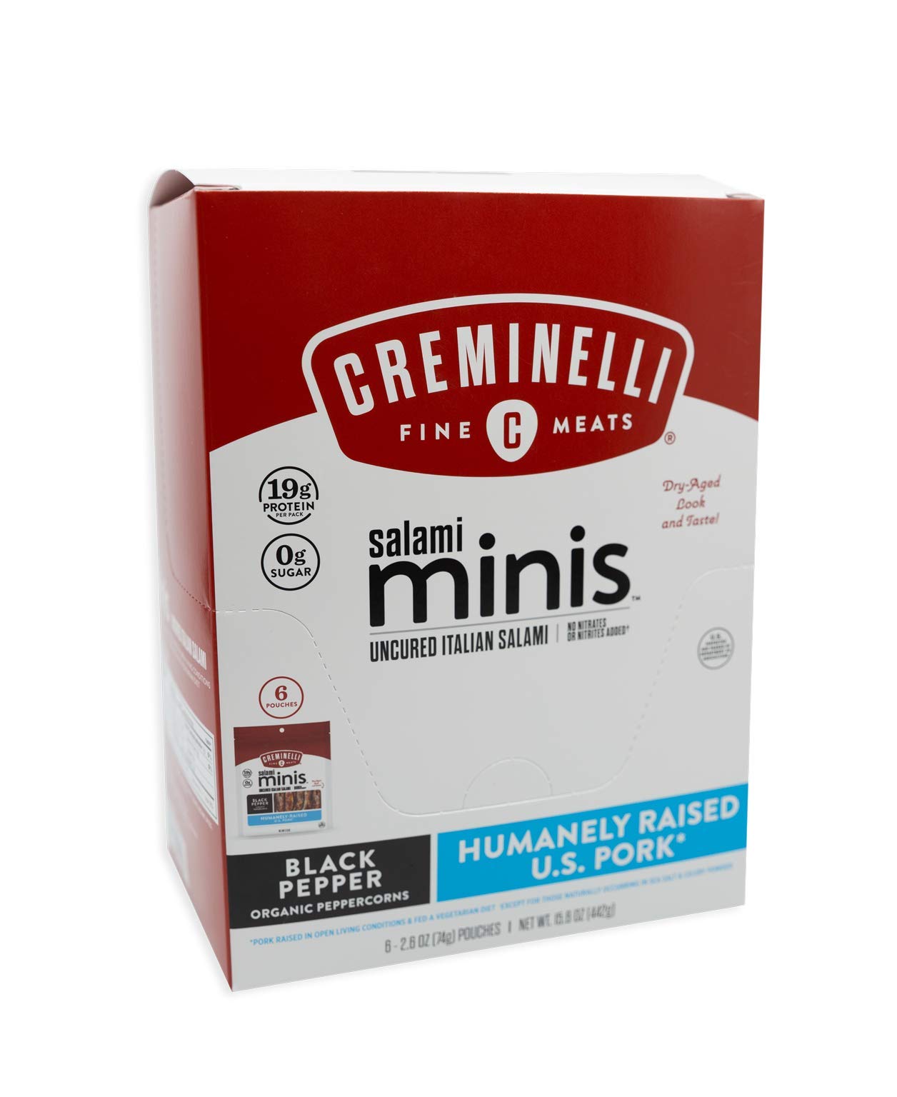 Creminelli Black Pepper Salami Minis, (6 count, 2.6oz), Humanely Raised Pork*, No Added Nitrates or Nitrites, No Artificial Ingredients, Gluten Free