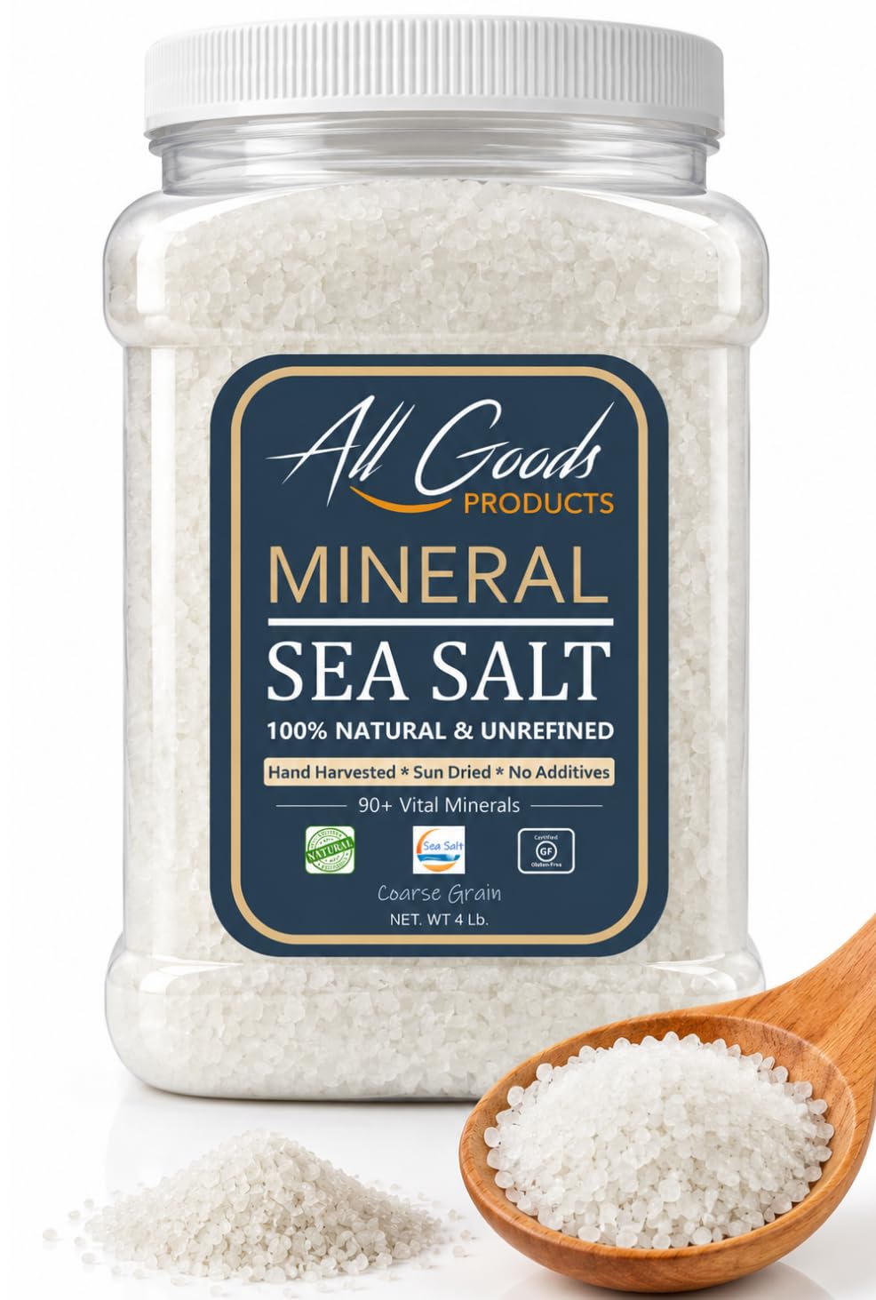 All Goods Mineral Coarse Grain Sea Salt, 4 LB. Natural Mineral Salt from Mexico, Unrefined, Hand-Harvested, 90+ Essential Minerals, Kosher, 30% Low