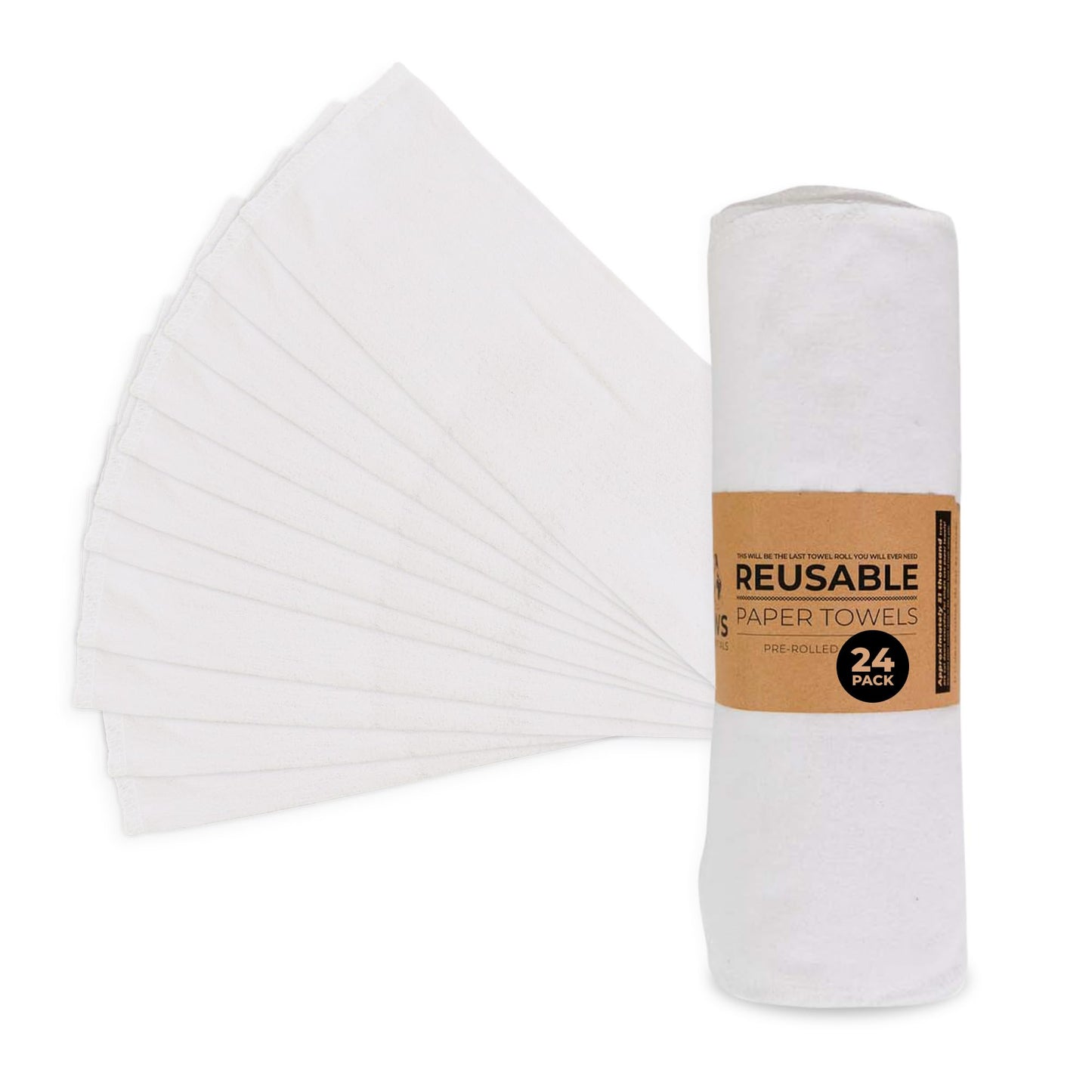 Zero Waste Reusable Paper Towels, Organic Cotton Flannel Wipes for Kitchen, Bathroom, Hand Drying, Pet Messes, and Counter Cleaning, White, 24-Pack