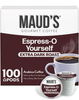 Maud's Espresso Coffee Pods, 100 ct, Dark Roast Coffee in Single Serve Pods - 100% Arabica Coffee, Compatible with Keurig K Cups Maker