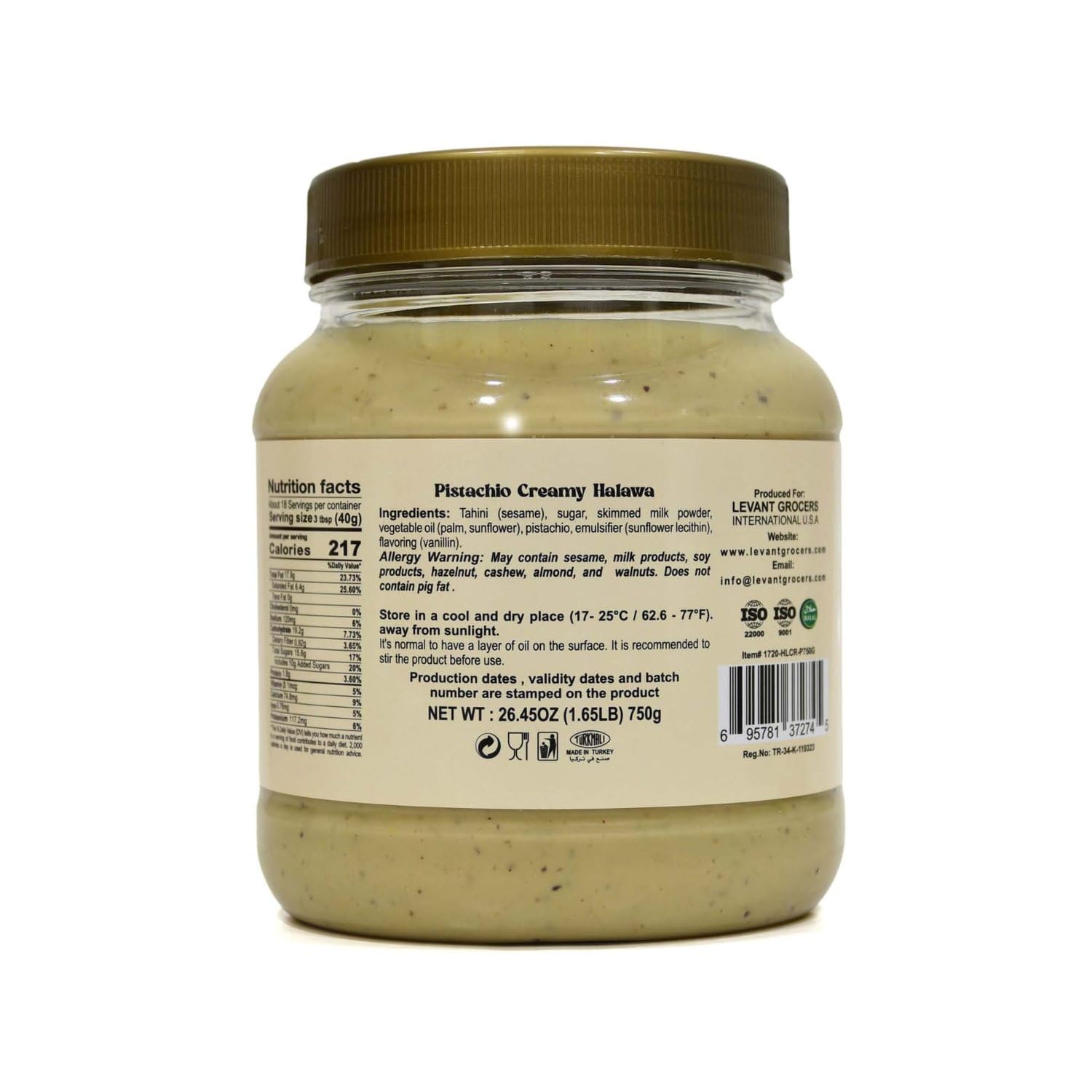 Pistachio Creamy Halawa (Halva/Halwa) Spread (New Flavor for Dubai Chocolate) - 26.46 oz (750g)