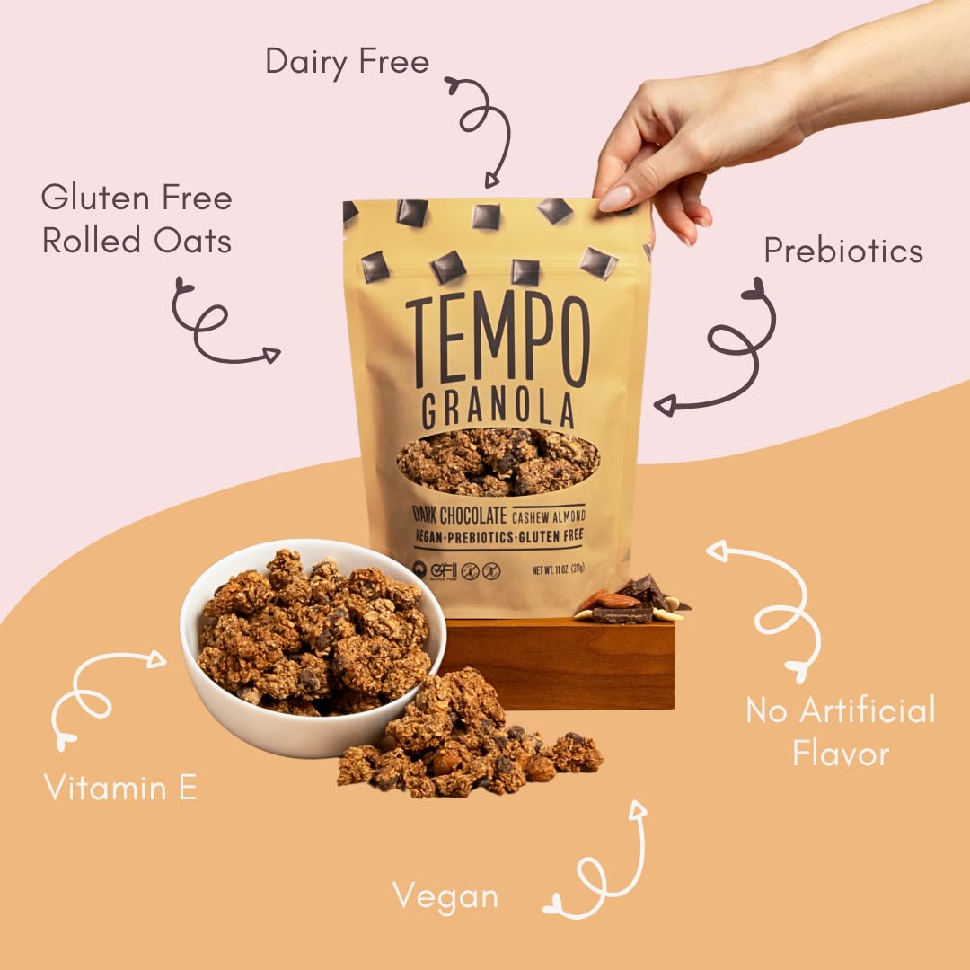 Tempo Granola Dark Chocolate Cashew Almond Loose Granola - 3 Pack of 11 oz Bags - Nutrient-Rich, Gluten Free, Vegan, Oats, High Protein, Low Sugar