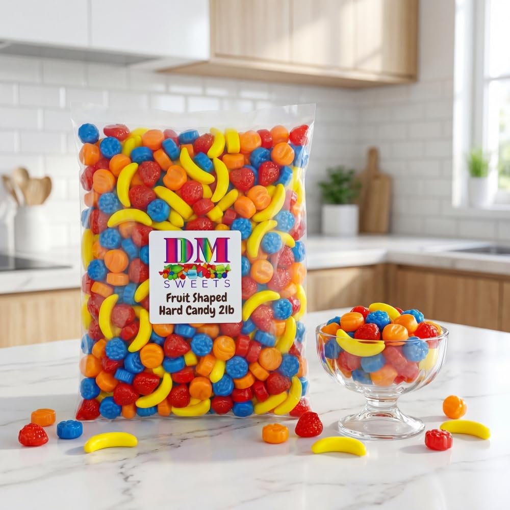 Fruit Shaped Hard Crunchy Candy - 1 lb Bulk Bag Banana Strawberry Peach Blueberry Assorted Chewy Sweet Mix. Great for Vending Machines