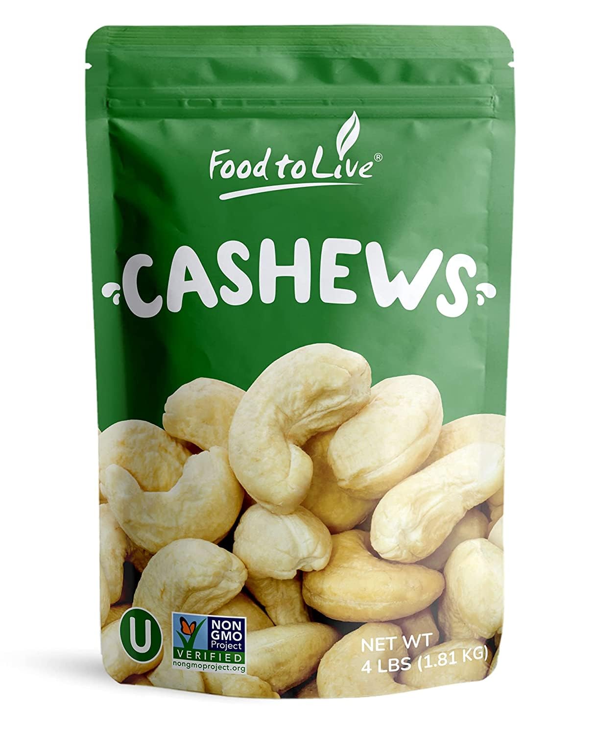 Food to Live - Raw Cashews, 4 Pounds Deluxe Whole Nuts, Unsalted, Unroasted Fancy Snack, Size W-320, Kosher, Vegan, Bulk, A good source of Magnesium