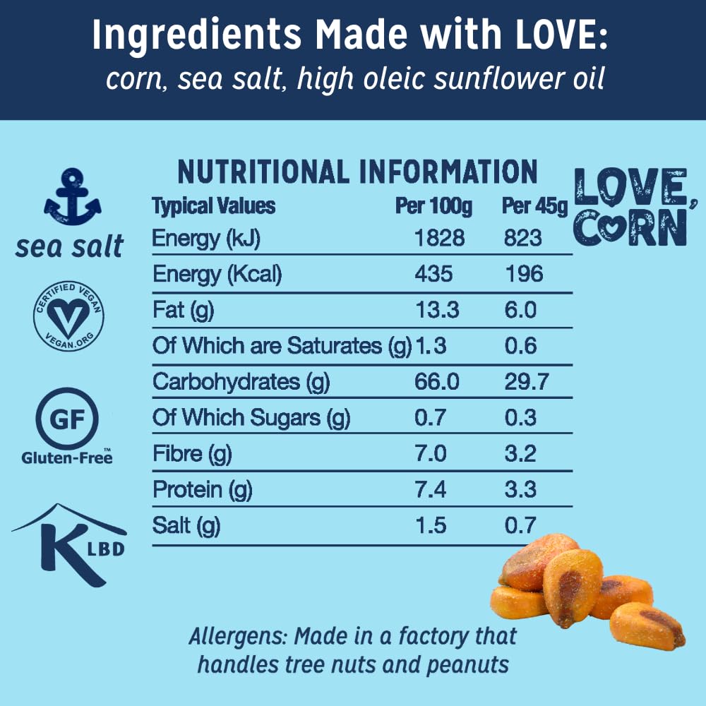 LOVE CORN Sea Salt - Crunchy Roasted Corn Snack, 3 Ingredients, Gluten Free, Non-GMO, Vegan, Low Sugar - Alternative to Chips, Nuts & Crackers