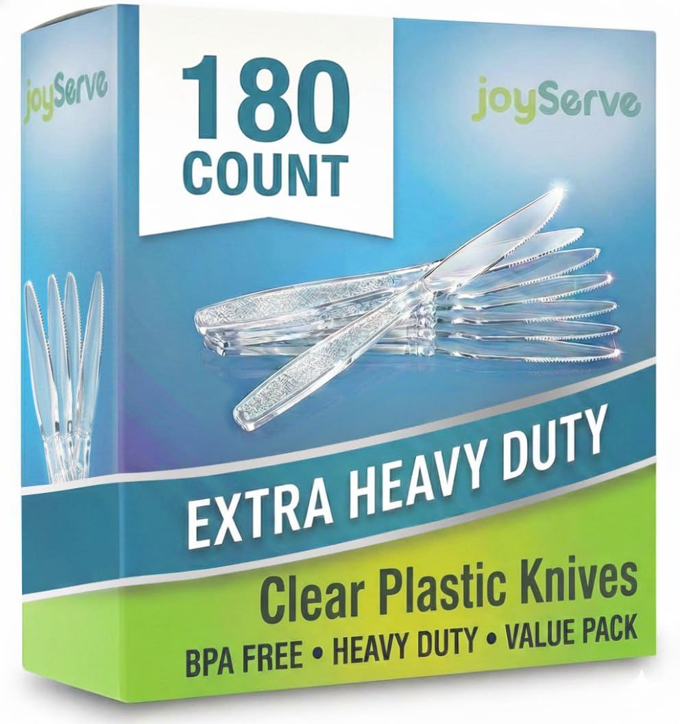 JoyServe Clear Plastic Knives Heavy Duty, Heat Resistant Party Utensils BPA-Free Heavy Duty Plastic Knives Disposable Silverware Cutlery, Catering