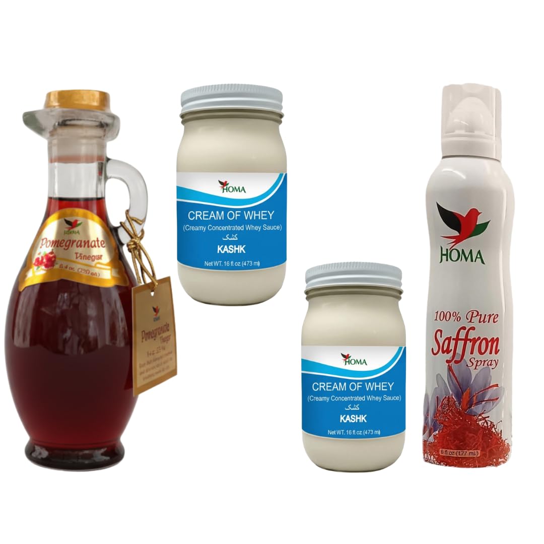 HOMA The Soul of Kashk Bundle - Kashk 2×16oz + Saffron 6oz + Pomegranate Vinegar 8.4oz - Persian & Middle Eastern Pantry Bundle