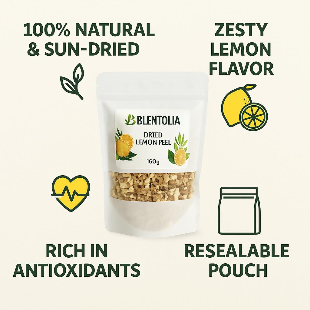Blentolia Dried Lemon Peel - 100% Natural, Sun-Dried, Zesty Lemon Flavor - Ideal for Herbal Teas, Baking, Cooking & DIY Skincare - 160g Resealable
