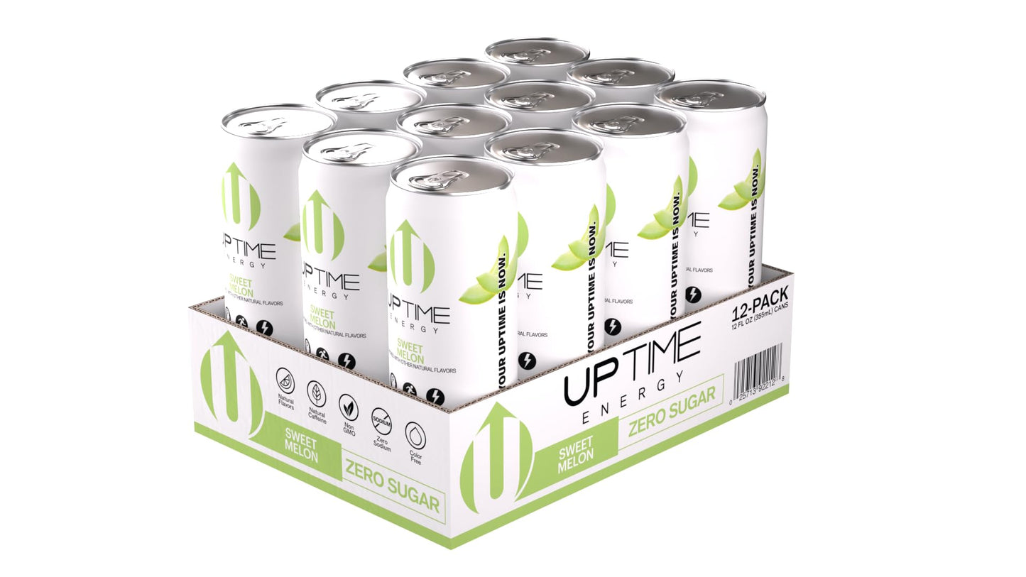 UPTIME Energy Drink, Sweet Summer Melon Sparkling, 12 Pack, Vitamin C, L Theanine, Calcium, Sugar Free Energy Drinks for Focus Support, 142mg