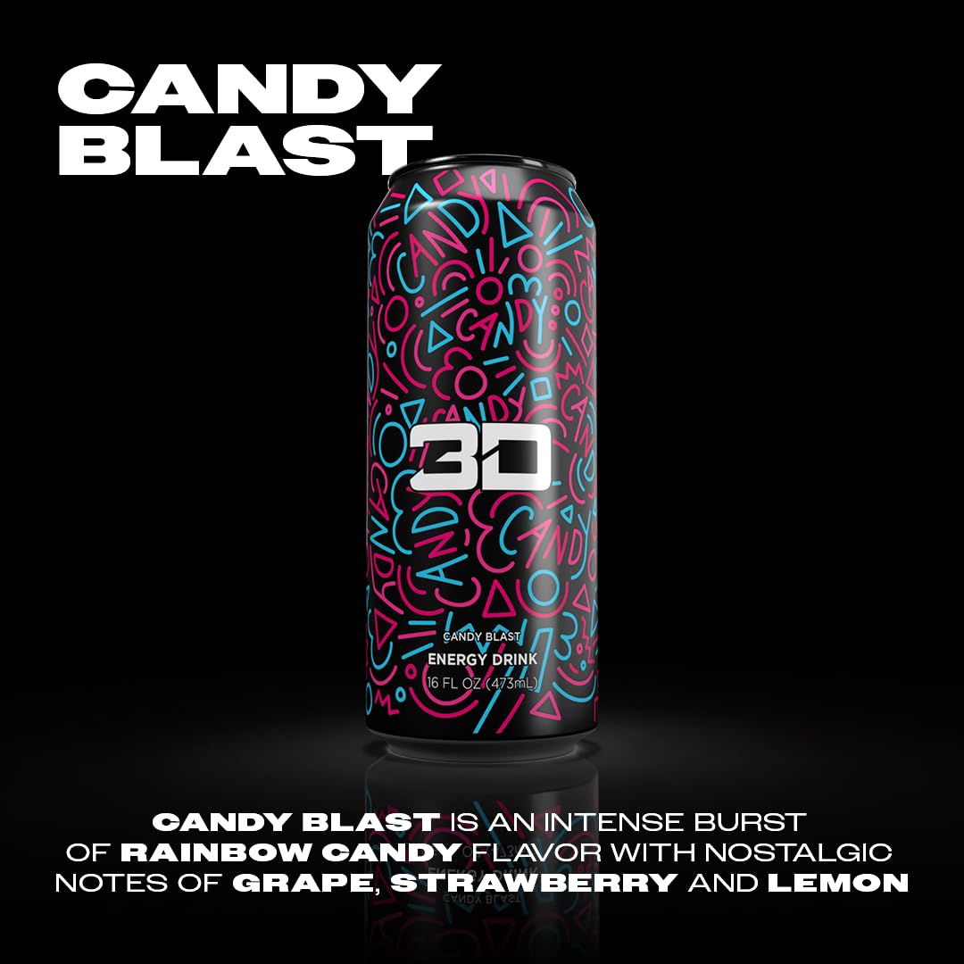 3D Energy CANDY BLAST | Sugar Free Energy Drink | Pre Workout Energy | 200mg Caffeine with Taurine and L-Carnitine | 16 Fluid Ounce | 12 Pack | Black