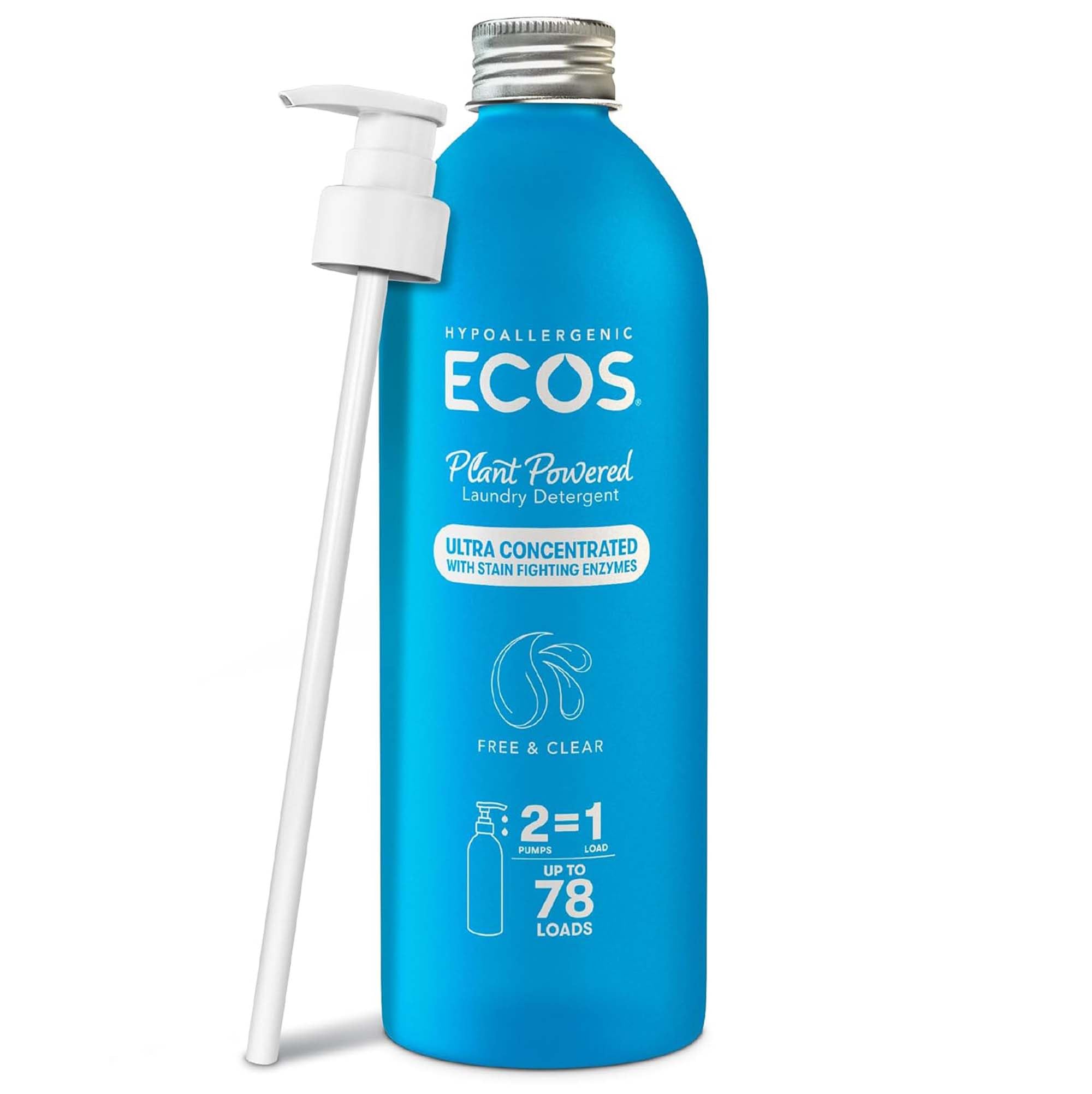 ECOS Ultra Concentrated Liquid Laundry Detergent, Sustainable Aluminum Bottle, Up to 78 Washer Loads - Hypoallergenic Laundry Soap - High Efficiency