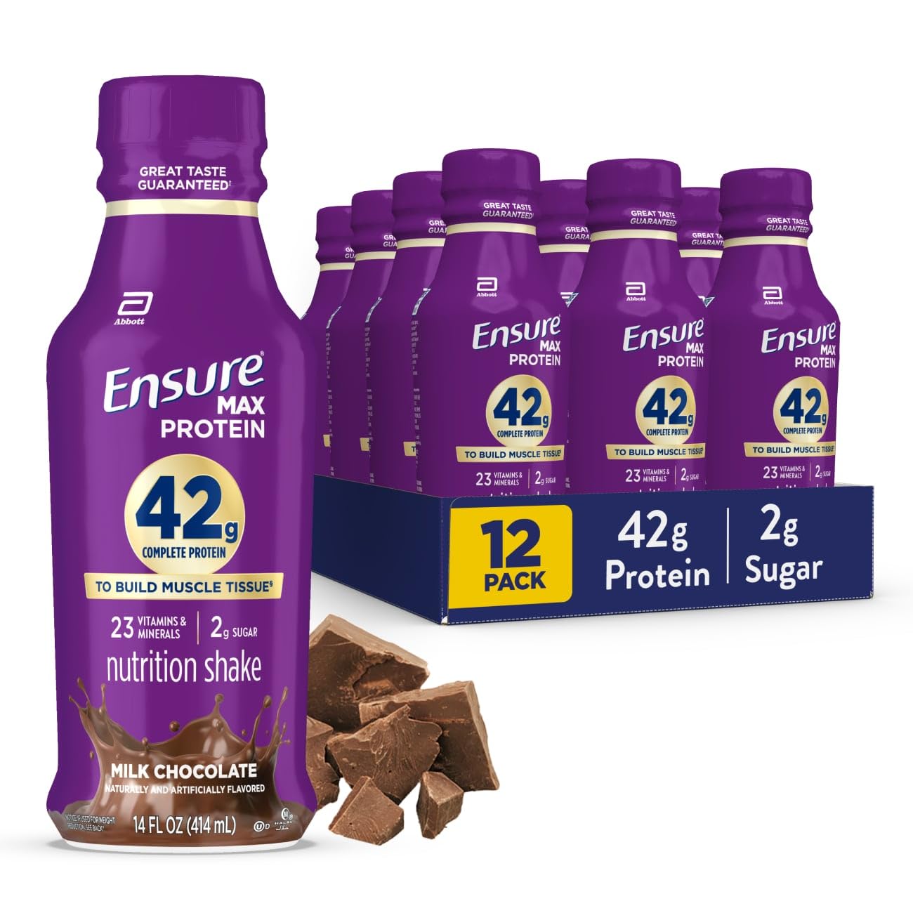 Ensure Max Protein Shake | 42g Complete Protein | Milk Chocolate | Ready to Drink | High Protein | 23 Vitamins & Minerals | 2g Sugar | 14 fl oz, 12