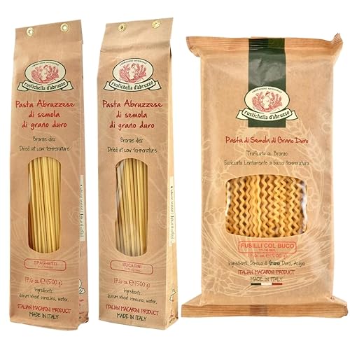 Rustichella d’Abruzzo Italian Long Pasta Variety 3-Pack - Bucatini, Spaghetti & Fusilli col Buco - 3 x 17.6 oz (500g) Artisan Durum Wheat Semolina