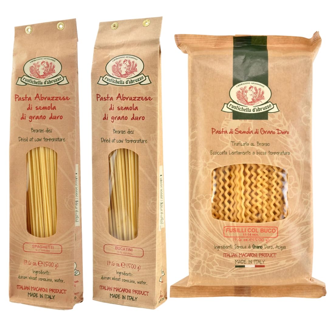Rustichella d’Abruzzo Italian Long Pasta Variety 3-Pack - Bucatini, Spaghetti & Fusilli col Buco - 3 x 17.6 oz (500g) Artisan Durum Wheat Semolina