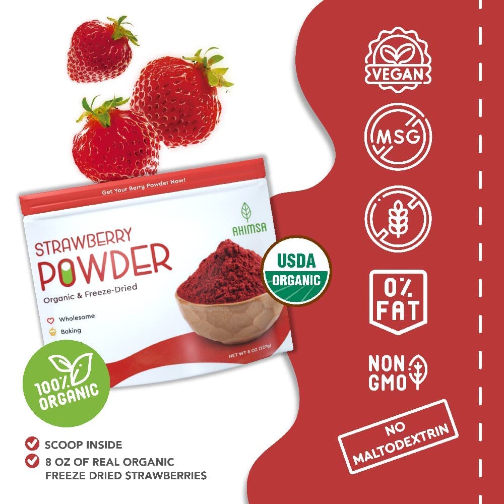 Organic Freeze Dried Strawberry Powder 8 oz | USDA Certified | Vegan Vitamin Food | Natural Organic Fruit Powder
