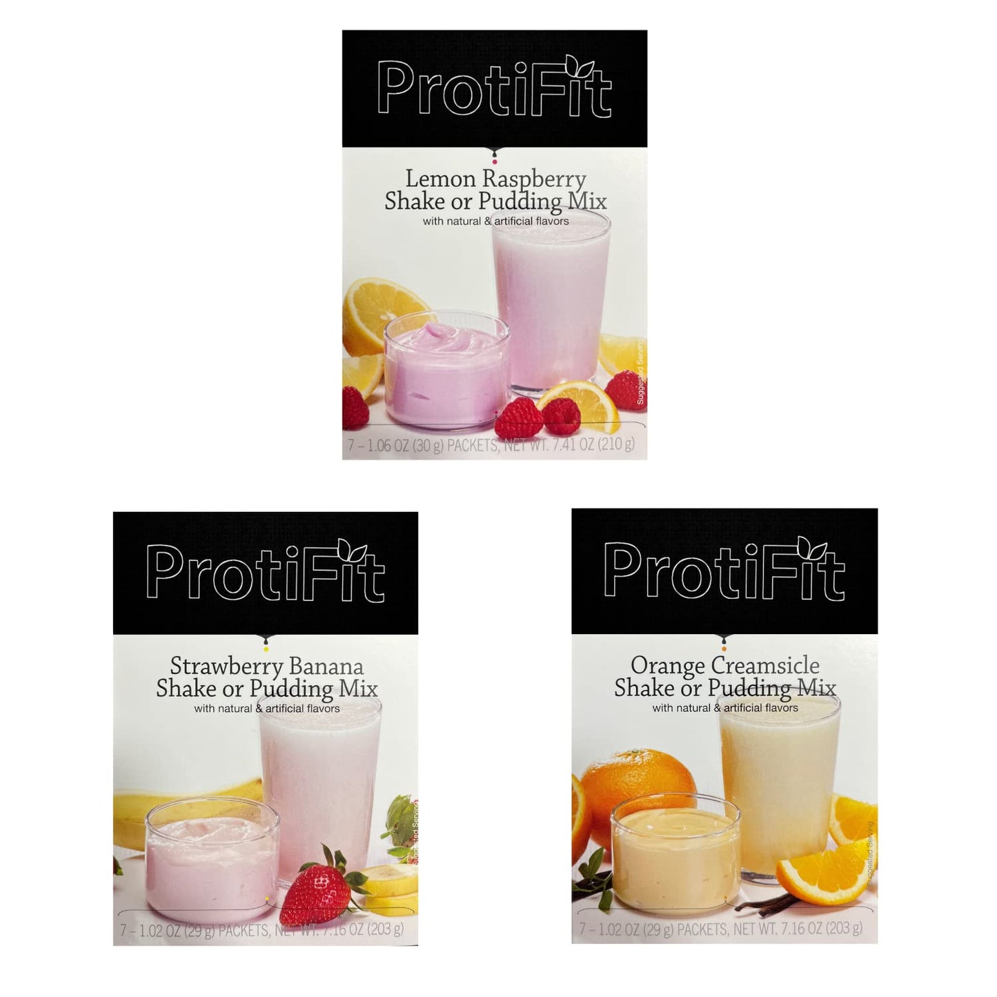 PROTIFIT - High Protein Pudding & Shake Mix 3 Pack, Fruit Bundle: Lemon Raspberry, Strawberry Banana, Orange Creamsicle, Meal Replacement, 7 Servings