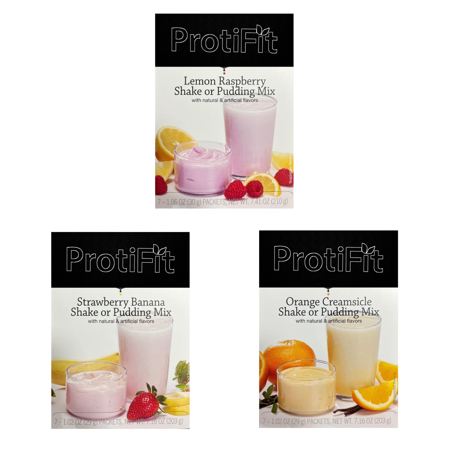 PROTIFIT - High Protein Pudding & Shake Mix 3 Pack, Fruit Bundle: Lemon Raspberry, Strawberry Banana, Orange Creamsicle, Meal Replacement, 7 Servings