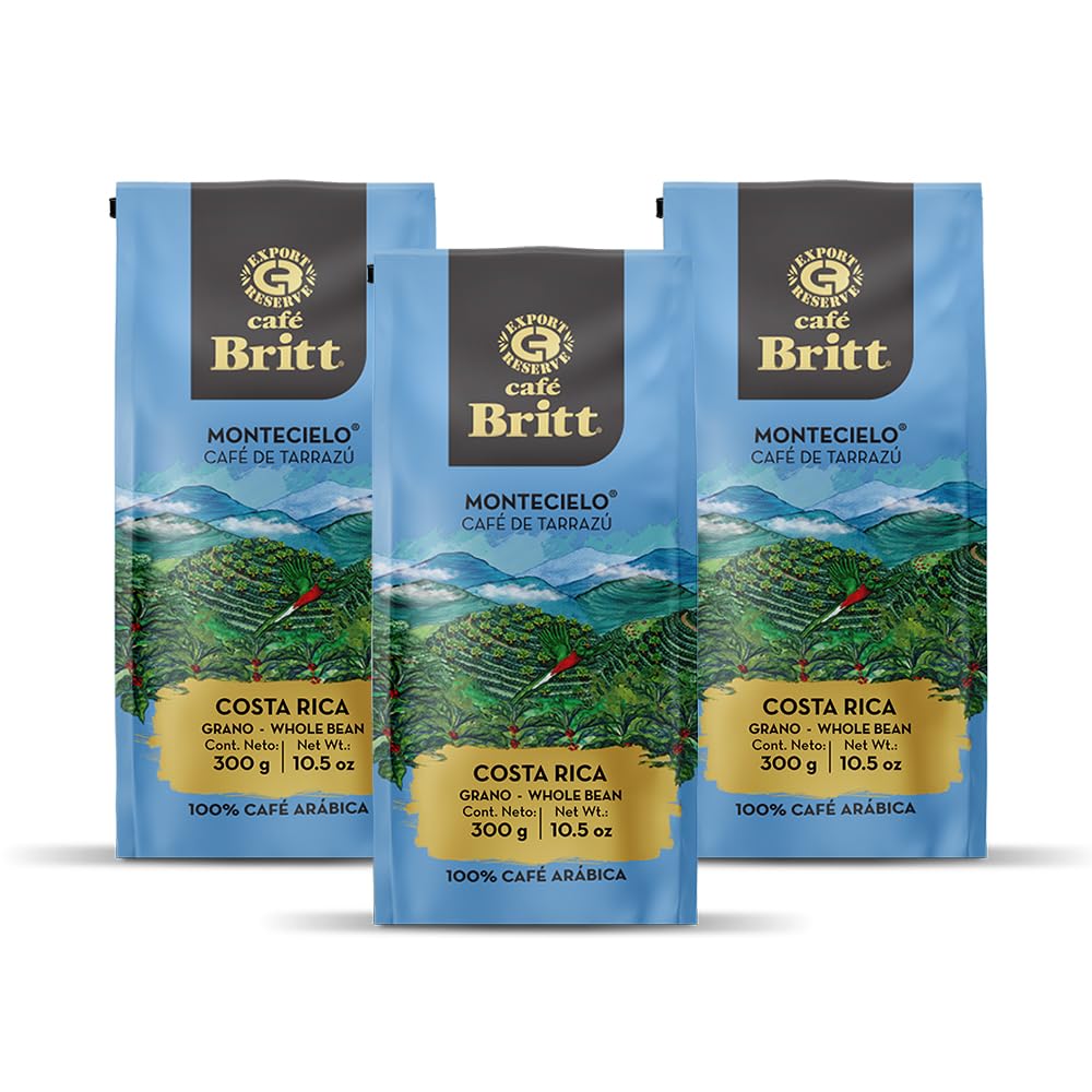 Café Britt® - Costa Rican Montecielo, Coffee From Tarrazu (10.5 oz.) (3-Pack) - Whole Bean, Arabica Coffee, Kosher, Gluten Free, 100% Gourmet & Medium